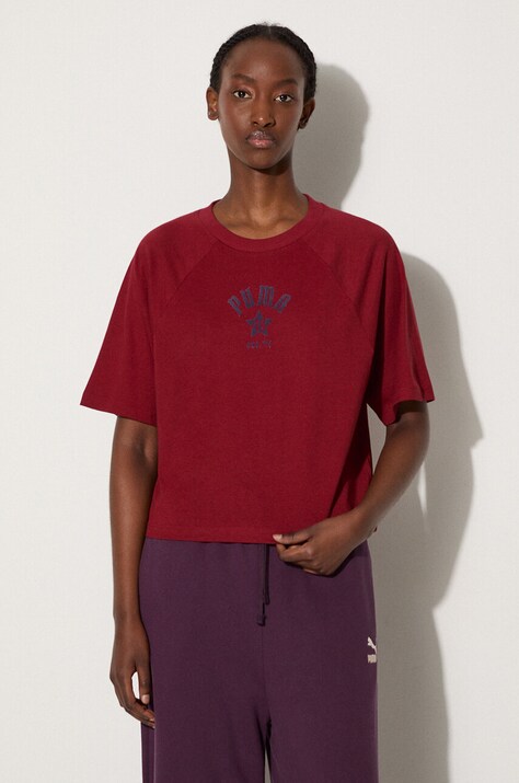 Bavlnené tričko Puma Classics Play Paris Relaxed Tee dámske, bordová farba, 626808