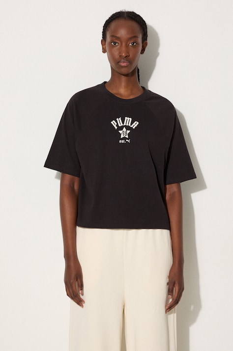 Βαμβακερό μπλουζάκι Puma Classics Play Paris Relaxed Tee γυναικείο, χρώμα: μαύρο, 626808