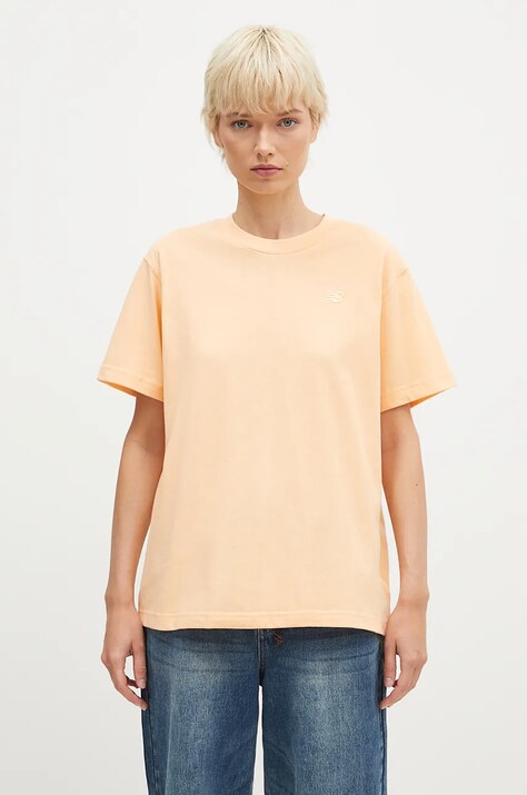 New Balance tricou din bumbac Athletics Jersey femei, culoarea portocaliu, WT41501PAE