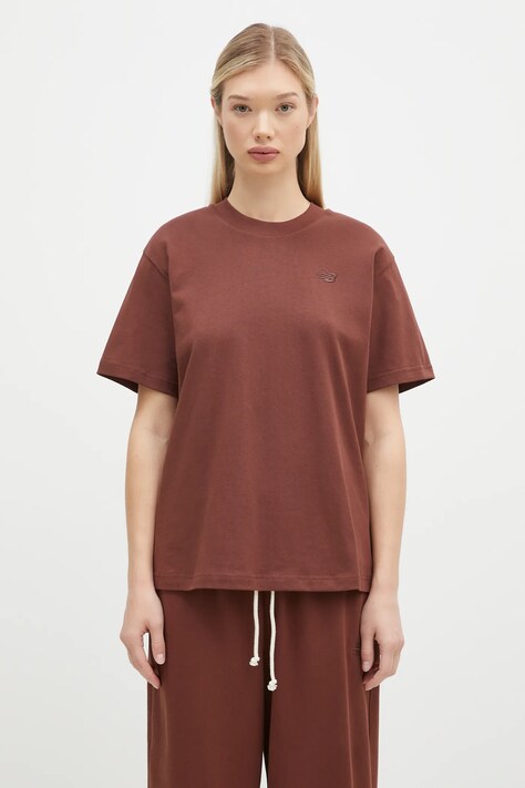 New Balance tricou din bumbac Athletics Jersey femei, culoarea maro, WT41501ROK