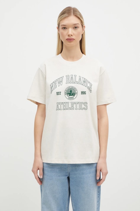 Bavlněné tričko New Balance béžová barva, WT43548LIT