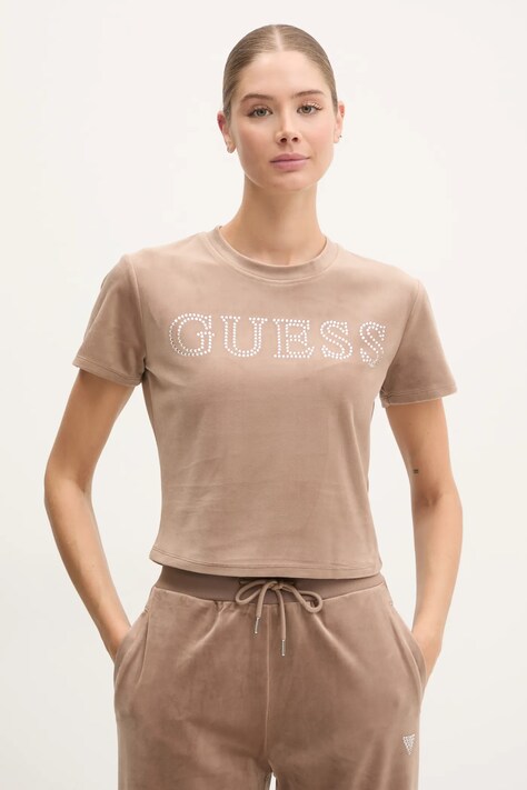 Βελούδινο μπλουζάκι Guess COUTURE χρώμα: μπεζ, V4BI29 KBXI2