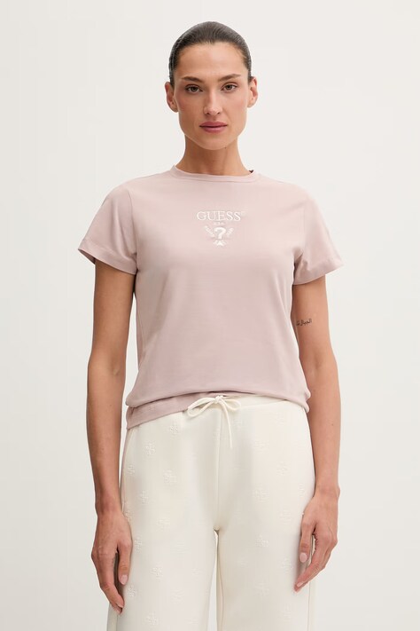 Guess T-shirt damski bawełniany z elastanem COLETTE różowy V4YI21 KCDH1