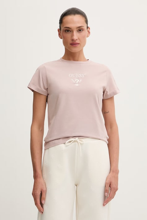 Guess T-shirt damski bawełniany z elastanem COLETTE różowy V4YI21 KCDH1