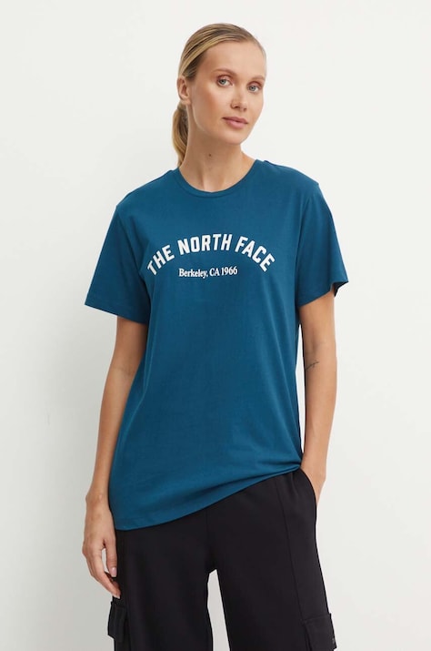 The North Face tricou din bumbac Tee Varsity Graphic femei, culoarea turcoaz, NF0A89CQ1NO1