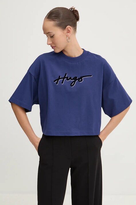 HUGO tricou din bumbac femei, culoarea albastru marin, 50525278