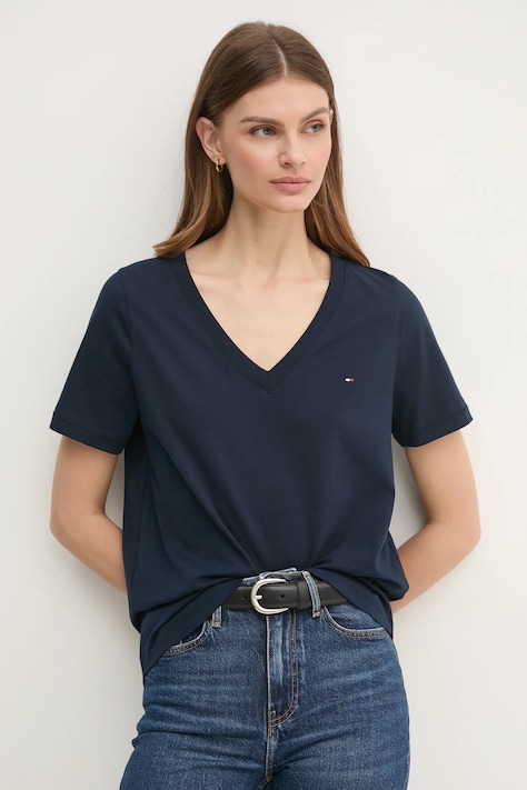 Tommy Hilfiger tricou din bumbac femei, culoarea albastru marin, WW0WW44177