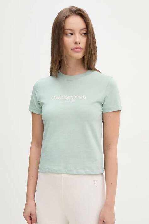 Хлопковая футболка Calvin Klein Jeans женская цвет зелёный J20J224914