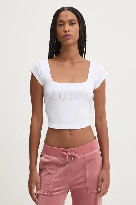 Juicy Couture top REGAL SQUARE NECK CROPPED TEE damski kolor biały JCBCT224831