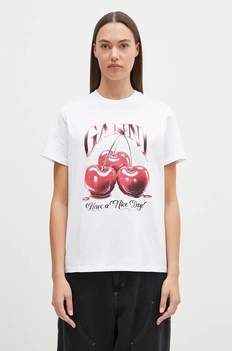 Βαμβακερό μπλουζάκι GANNI Basic Jersey Cherry γυναικείο, χρώμα: άσπρο, T4004
