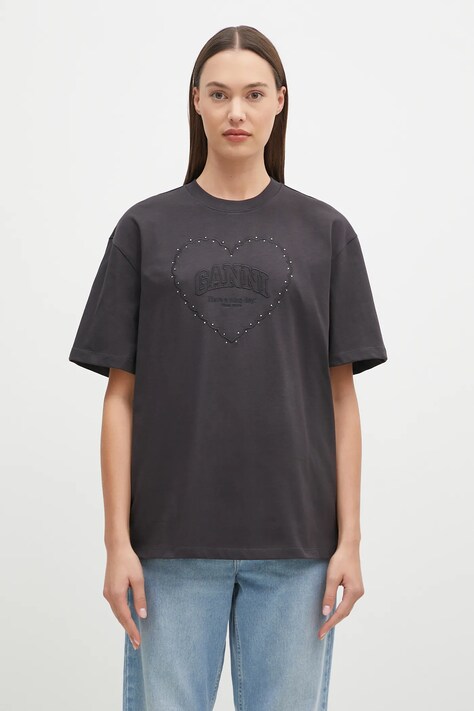 GANNI tricou din bumbac Heavy Cotton Drop Shoulder Heart femei, culoarea negru, T4057