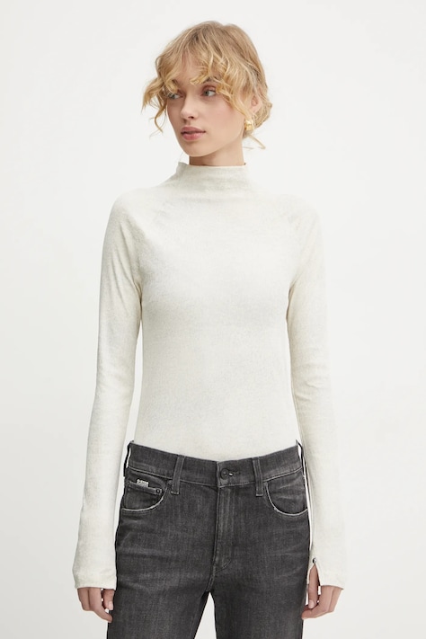 Памучна блуза с дълги ръкави G-Star в бежово с ниско поло D25069-D799