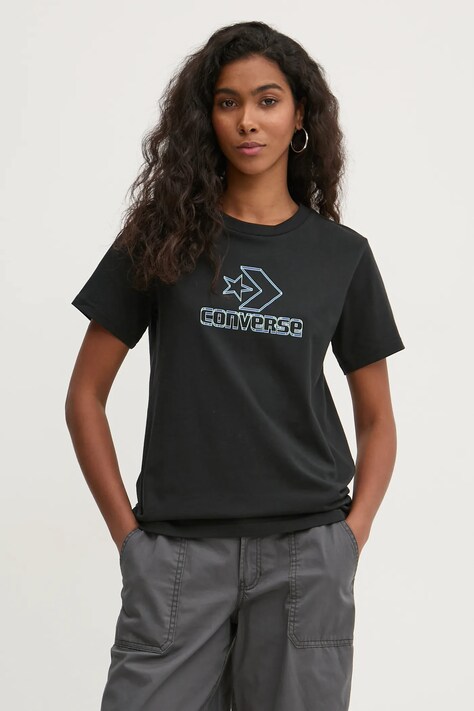 Bavlněné tričko Converse černá barva, 10027078-A02