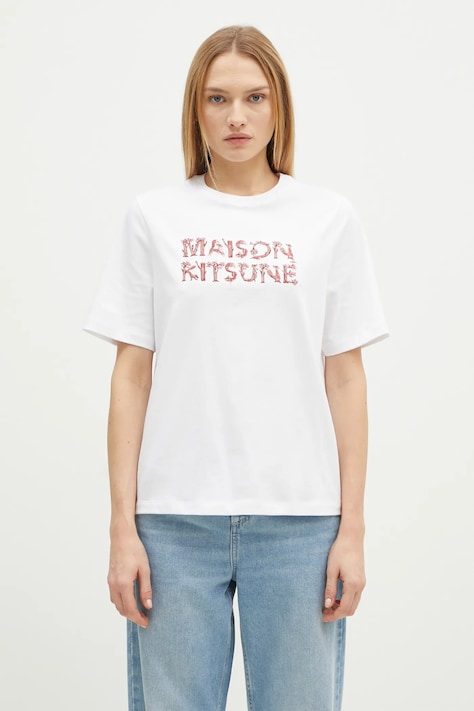 Bavlněné tričko Maison Kitsuné Woodland Alphabet bílá barva, NW00114KJ0119