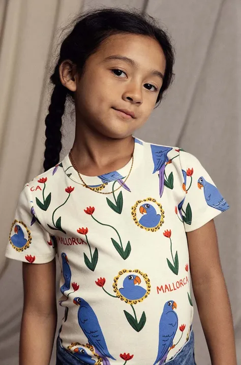 Detské bavlnené tričko Mini Rodini Parrots béžová farba, vzorované