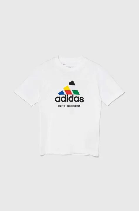 Otroška bombažna kratka majica adidas TIRO NATIONS T bela barva, IW8148