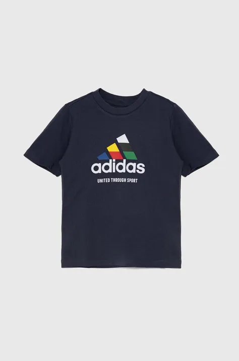 Детска памучна тениска adidas TIRO NATIONS T в тъмносиньо с принт IY8128