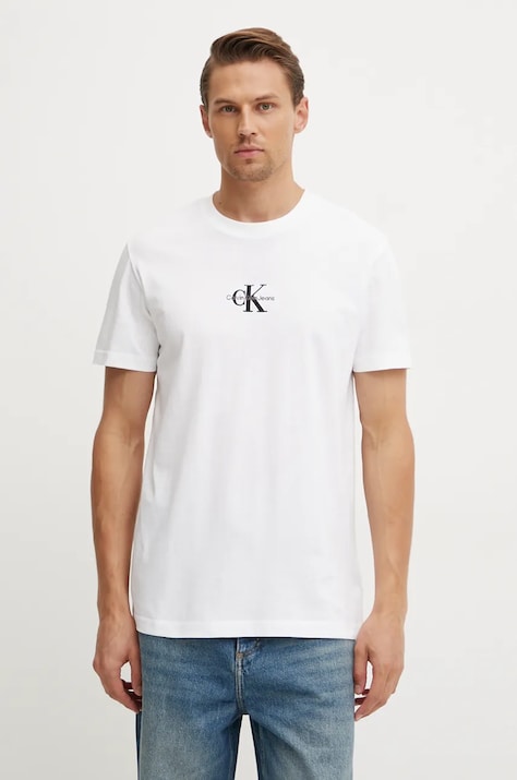 Calvin Klein Jeans tricou din bumbac barbati, culoarea alb, cu imprimeu, J30J325649
