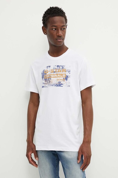 G-Star tricou din bumbac bărbați, culoarea alb, cu imprimeu, D24682-C506