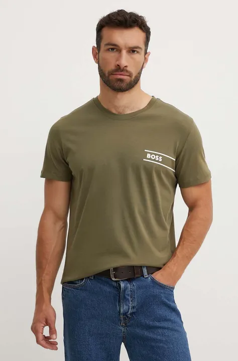 Хлопковая футболка BOSS мужская цвет зелёный с принтом 50517715