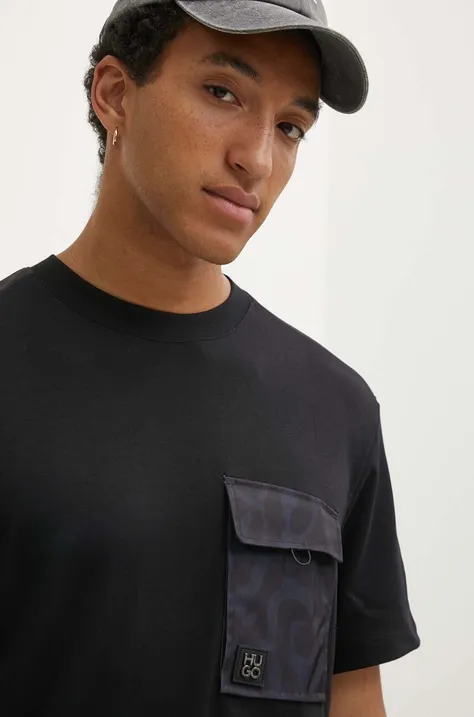 Хлопковая футболка HUGO мужской цвет чёрный с аппликацией 50517637