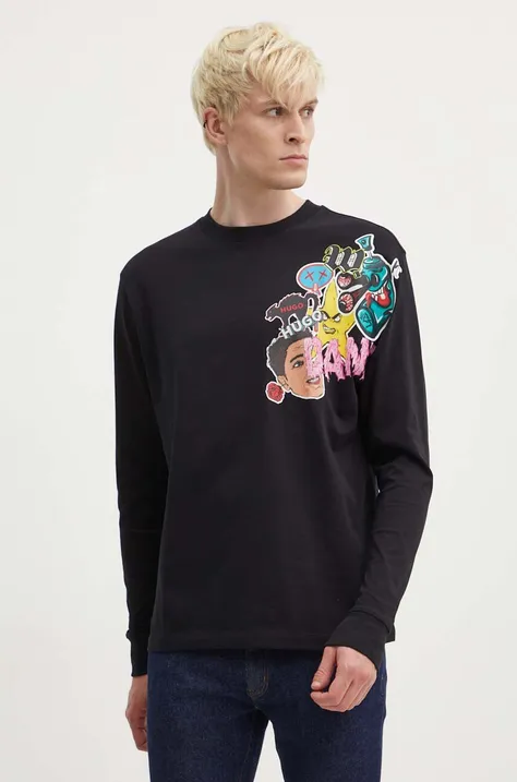 Βαμβακερή μπλούζα με μακριά μανίκια HUGO χρώμα: μαύρο, 50517639