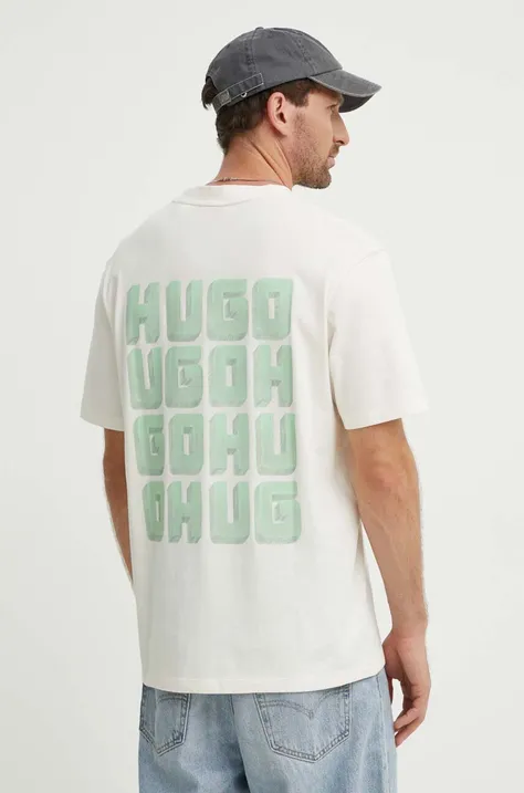 Bavlněné tričko HUGO béžová barva, s potiskem, 50519714