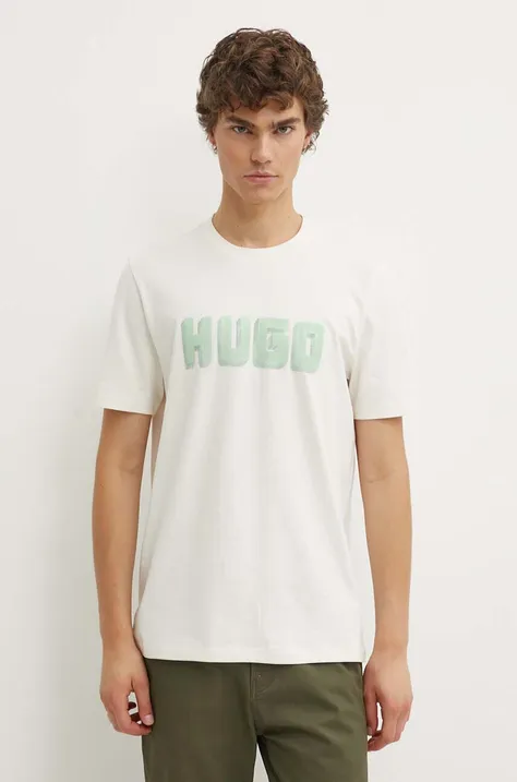 HUGO tricou din bumbac barbati, culoarea bej, cu imprimeu, 50516624