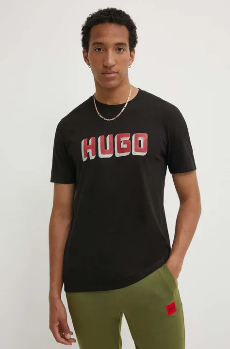 Bavlněné tričko HUGO černá barva, s potiskem, 50516624