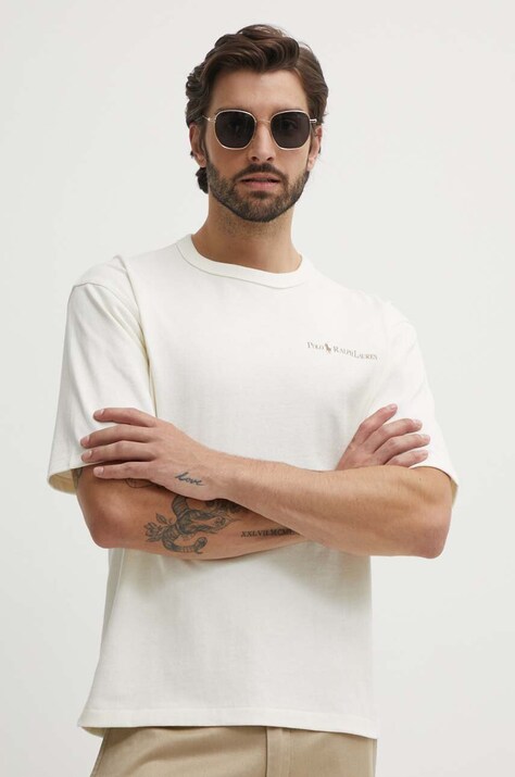 Polo Ralph Lauren tricou din bumbac barbati, culoarea bej, cu imprimeu, 710950133001