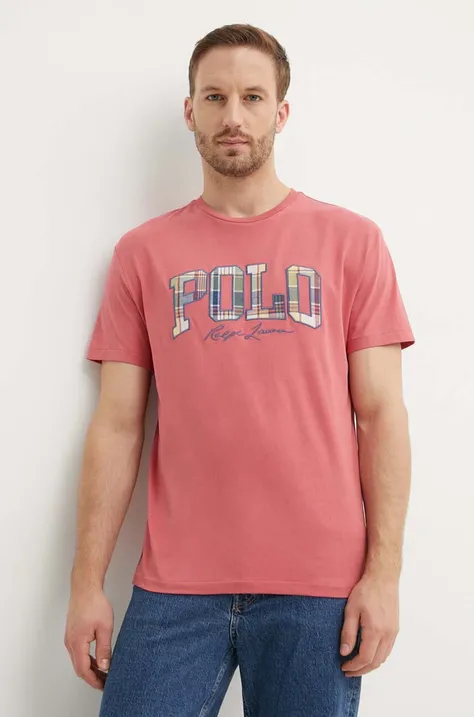 Хлопковая футболка Polo Ralph Lauren мужской цвет розовый с аппликацией 710941855