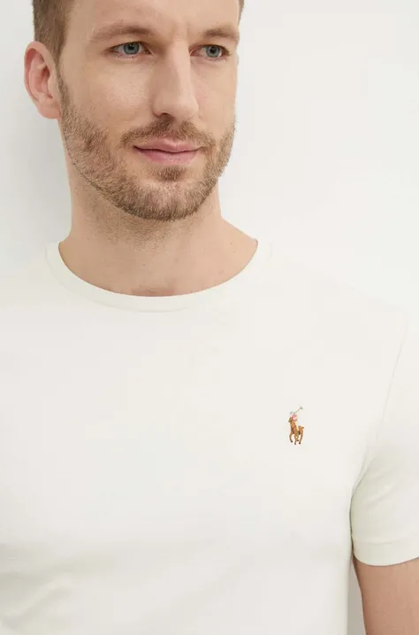 Хлопковая футболка Polo Ralph Lauren мужская цвет бежевый однотонная 710740727