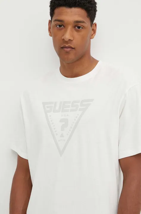 Bavlnené tričko Guess ALINO pánske, béžová farba, s potlačou, Z4YI00 I3Z14