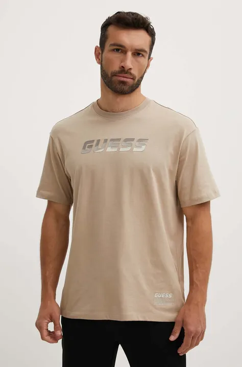 Guess tricou din bumbac HOZIER barbati, culoarea bej, cu imprimeu, Z4YI07 I3Z14