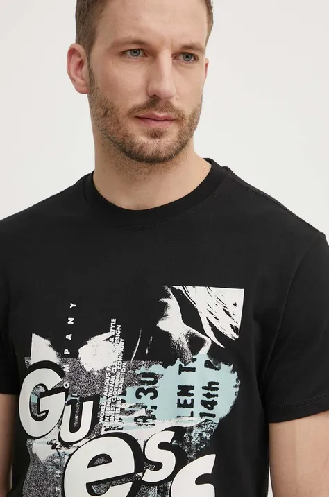 Βαμβακερό μπλουζάκι Guess ανδρικό, χρώμα: μαύρο, M4YI02 I3Z14