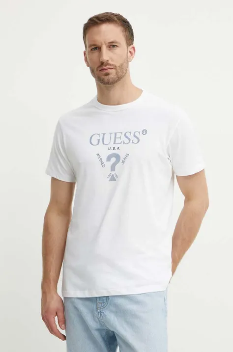Bavlnené tričko Guess pánske, biela farba, s nášivkou, M4YI05 I3Z14