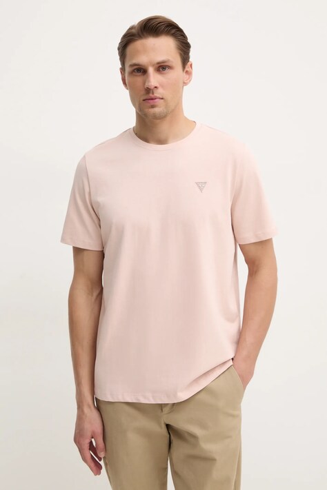 Guess tricou din bumbac barbati, culoarea roz, neted, M4YI0A KCCM1