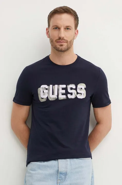 Bavlnené tričko Guess pánske, tmavomodrá farba, s potlačou, M4YI15 I3Z14