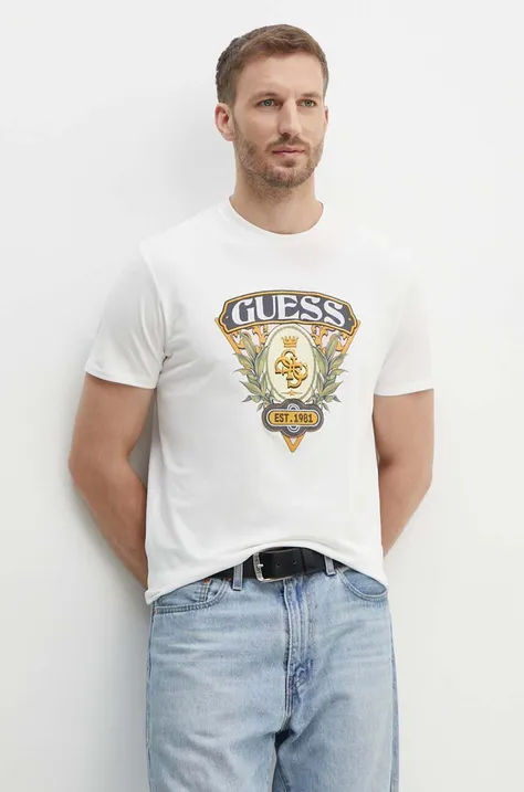 Tričko Guess béžová barva, s aplikací, M4YI76 KA0Q1
