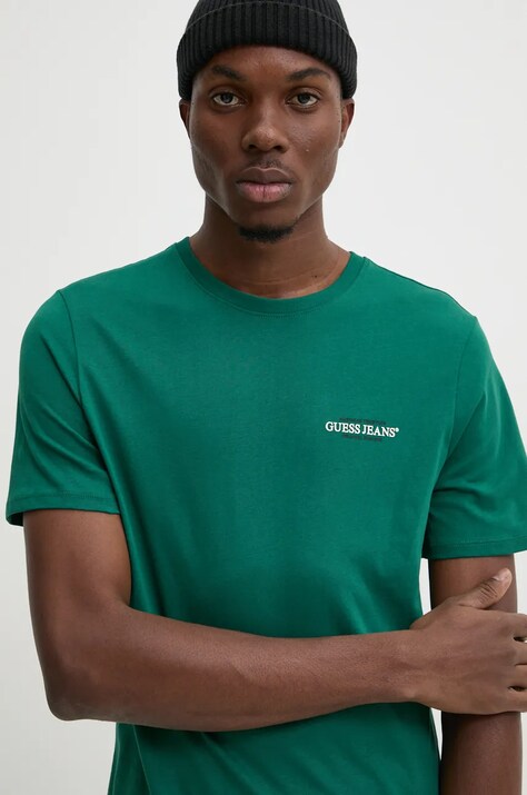 Guess Jeans tricou din bumbac barbati, culoarea verde, cu imprimeu, M4YI55 K8HM0