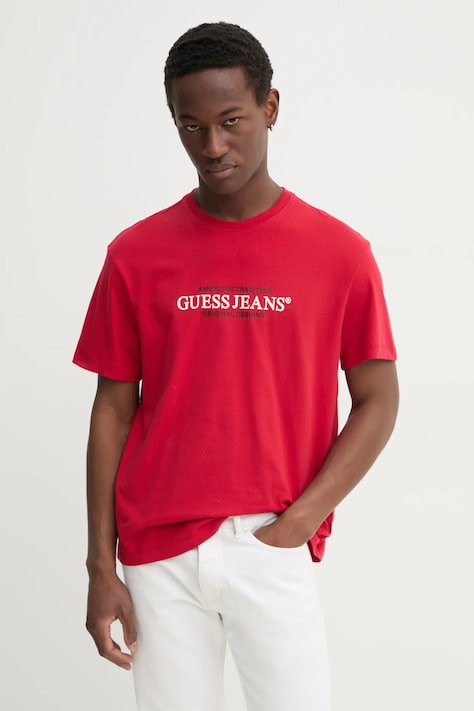 Bavlnené tričko Guess Jeans pánske, červená farba, s potlačou, M4YI42 K8FQ4