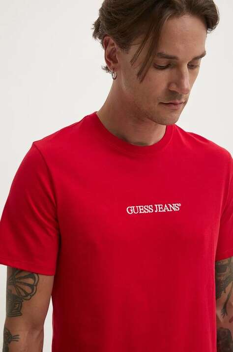 Guess Jeans tricou din bumbac barbati, culoarea rosu, cu imprimeu, M4YI52 K8HM0
