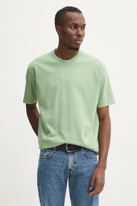 Guess Jeans tricou din bumbac barbati, culoarea verde, neted, M4YI44 K8FQ4