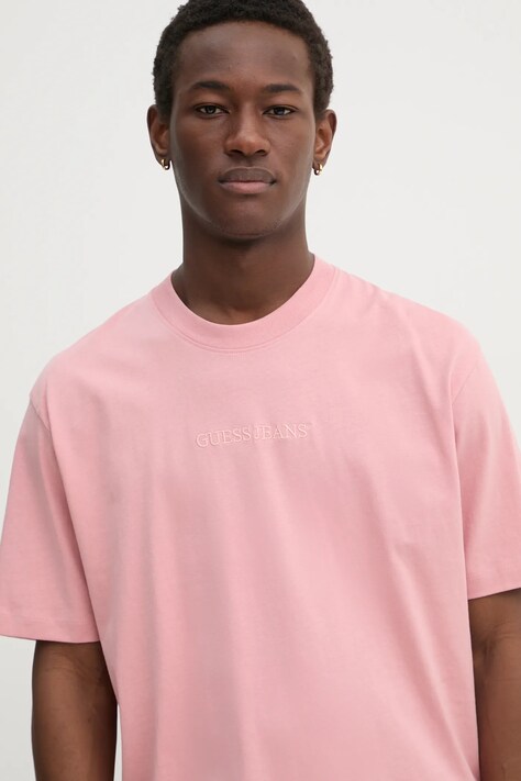Бавовняна футболка Guess Jeans чоловіча колір рожевий однотонна M4YI44 K8FQ4