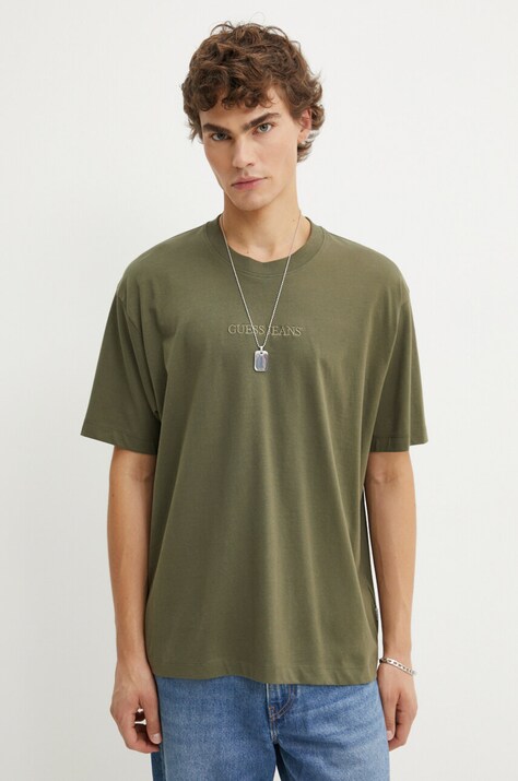 Guess Jeans tricou din bumbac barbati, culoarea verde, neted, M4YI44 K8FQ4