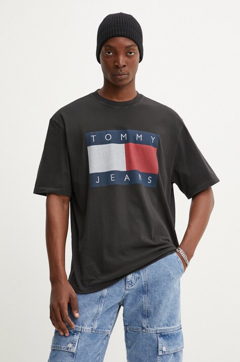Tommy Jeans tricou din bumbac barbati, culoarea negru, cu imprimeu, DM0DM18547