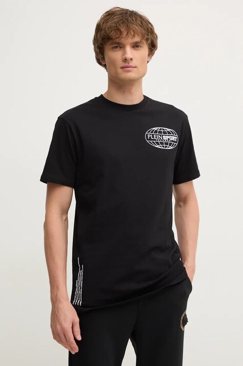 PLEIN SPORT tricou din bumbac barbati, culoarea negru, cu imprimeu, AADC MTK7544 STE003N