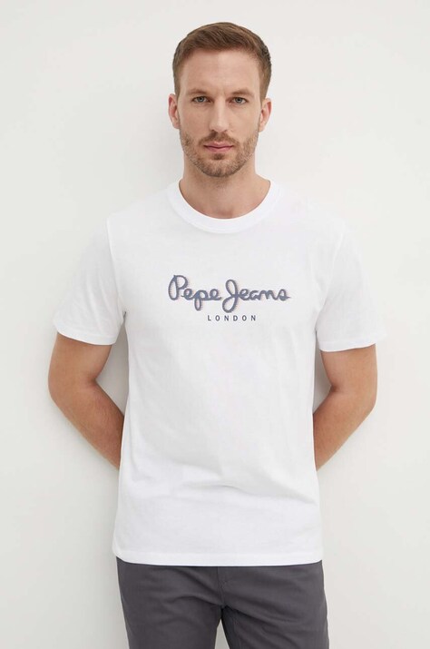 Pepe Jeans tricou din bumbac ABEL barbati, culoarea alb, cu imprimeu, PM509428