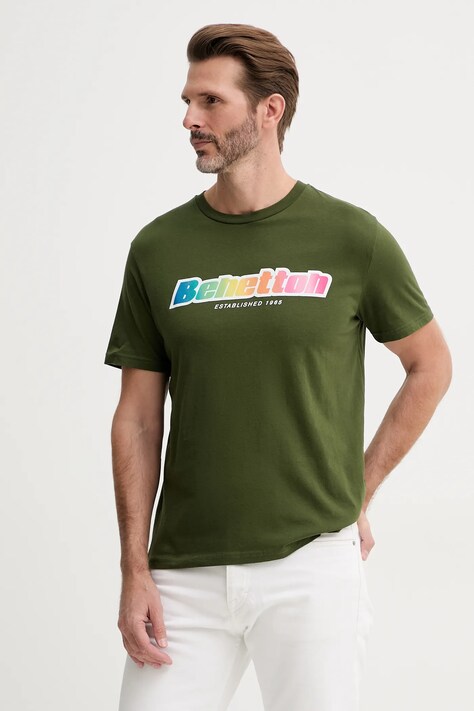 United Colors of Benetton t-shirt bawełniany męski kolor zielony z nadrukiem 3I1XU1096