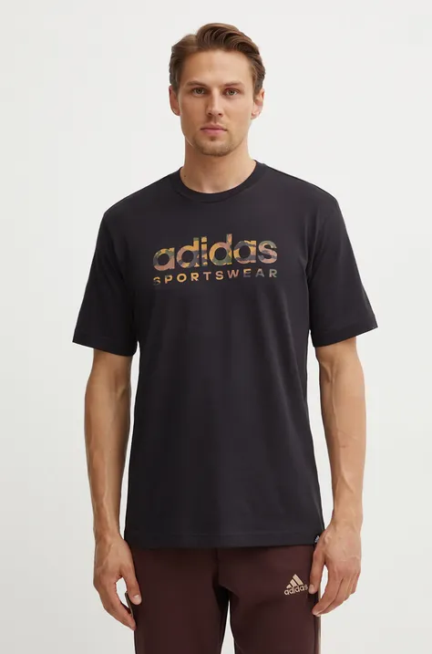 Bavlnené tričko adidas Camo pánske, čierna farba, s potlačou, IW2680